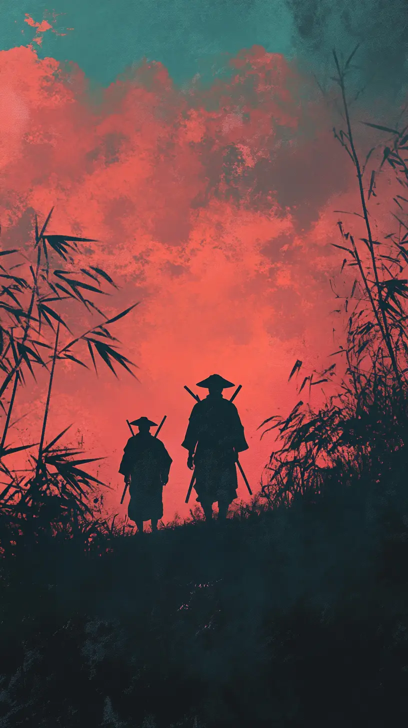兩名武士在黃昏時穿行於寧靜的竹林