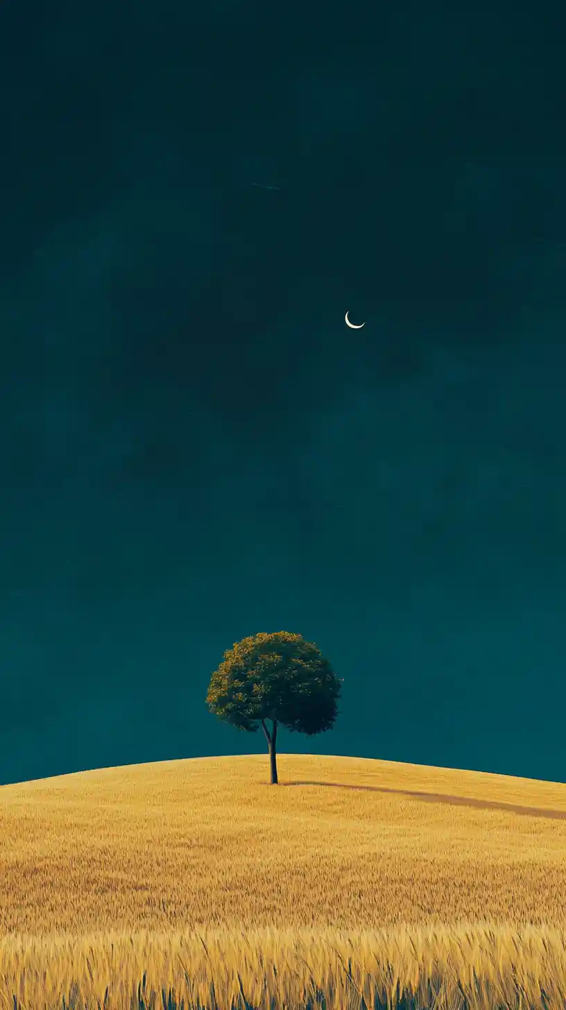 Spherical Tree In Golden Wheat Under Teal Night Sky