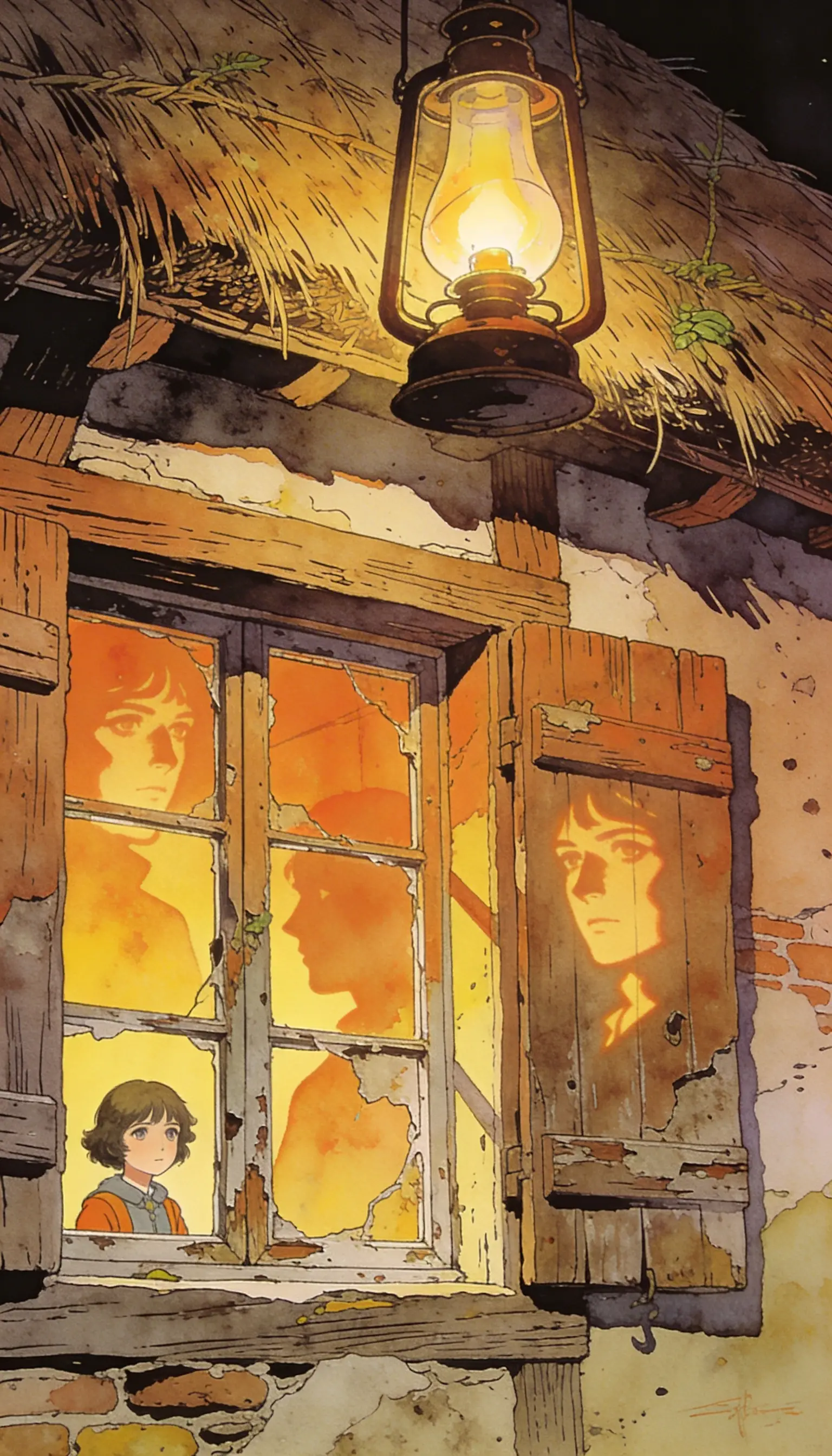 昏黃燈光下鄉村小屋窗景插畫