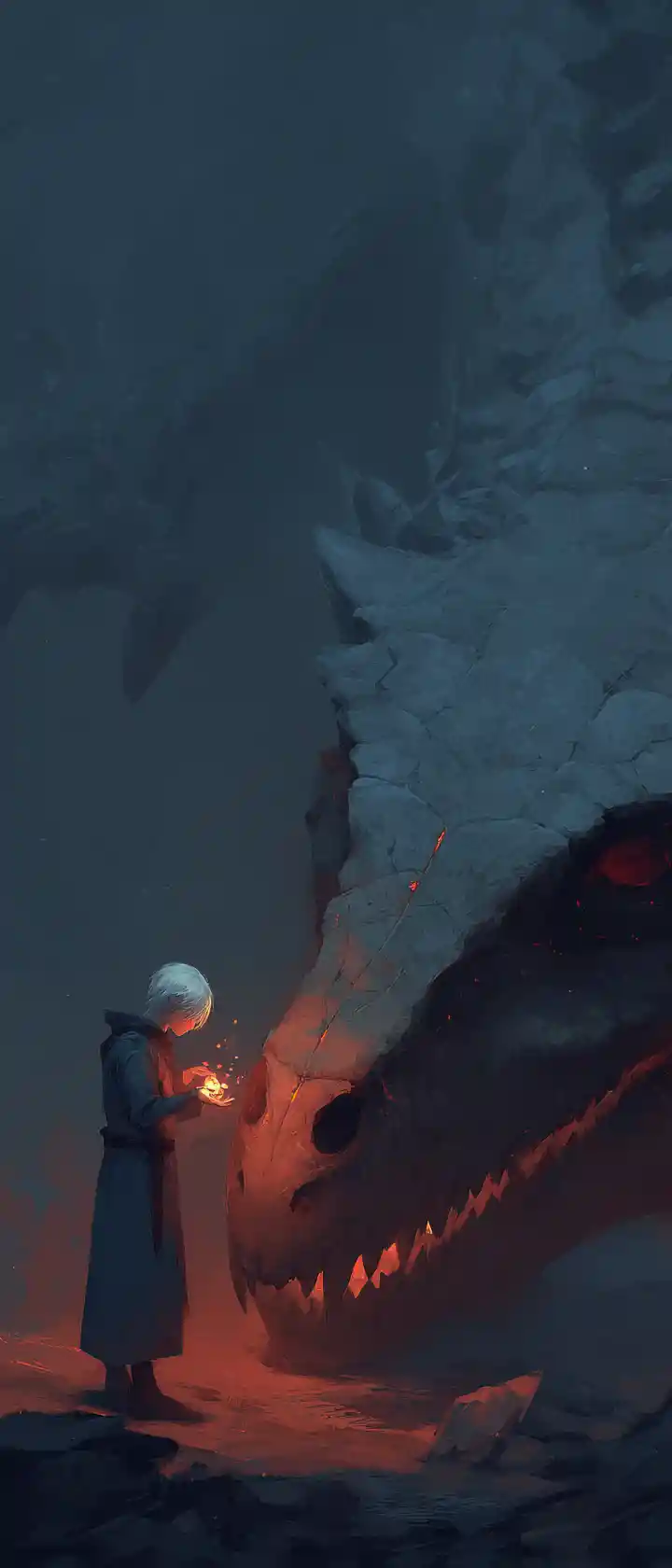 Silver haired prince with dragon skull in ruined hall