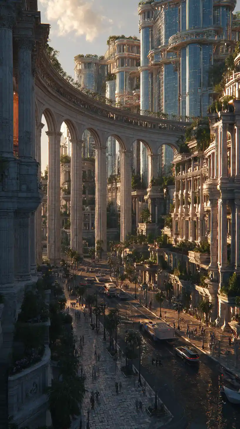 Futuristic Roman city skyline with marble towers at sunset