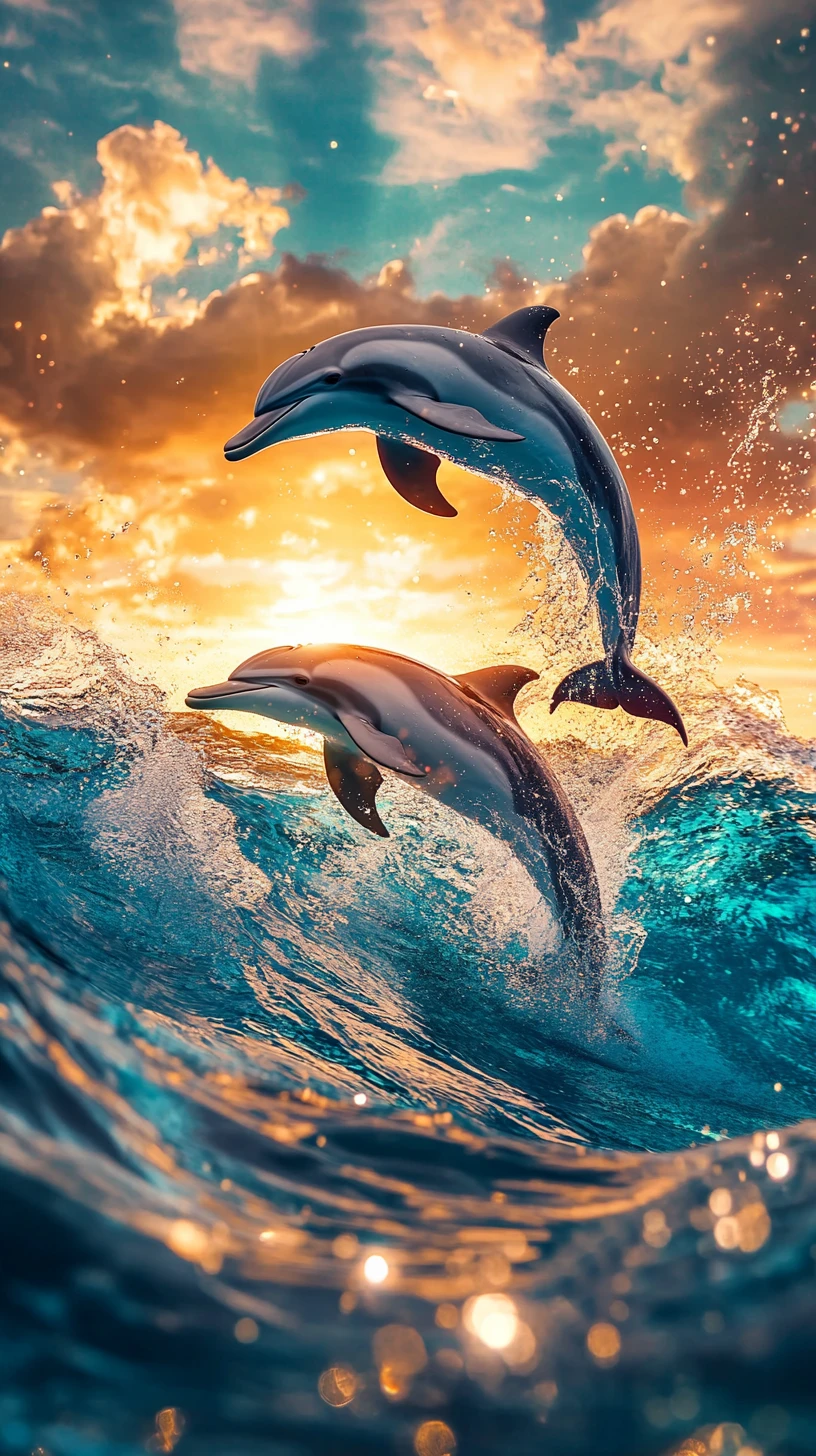 Deux dauphins jaillissant de vagues turquoise au coucher du soleil