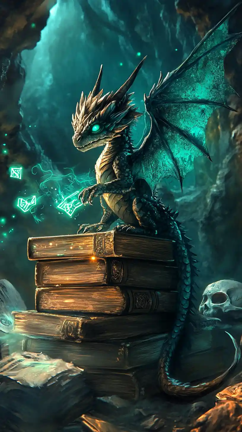 Small dark dragon on spell books breathing emerald flame