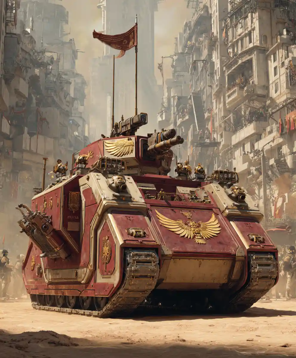 Römisch inspirierter Onager-Panzer in ruinierter moderner Stadtstraße