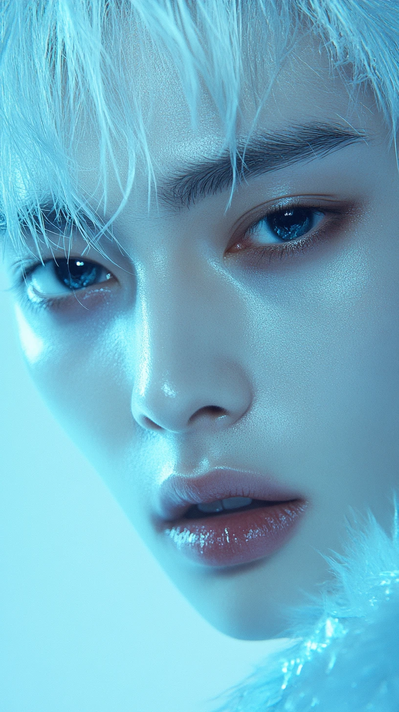 K‑Pop männliches Idol-Porträt mit platinblondem Haar und glänzenden Augen