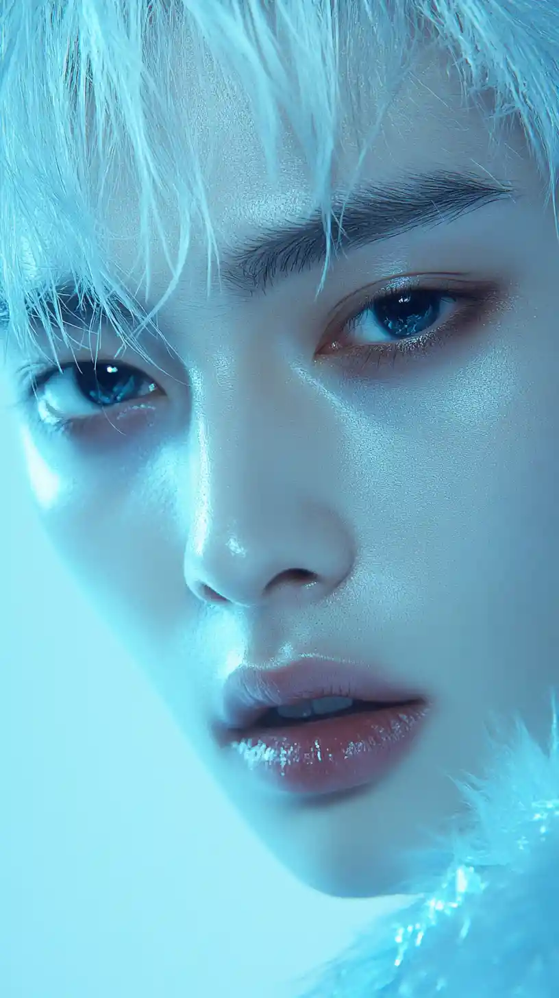 K‑Pop männliches Idol-Porträt mit platinblondem Haar und glänzenden Augen