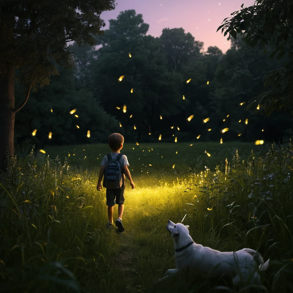 Boy Chasing Fireflies With His Dog In A Dusk Field