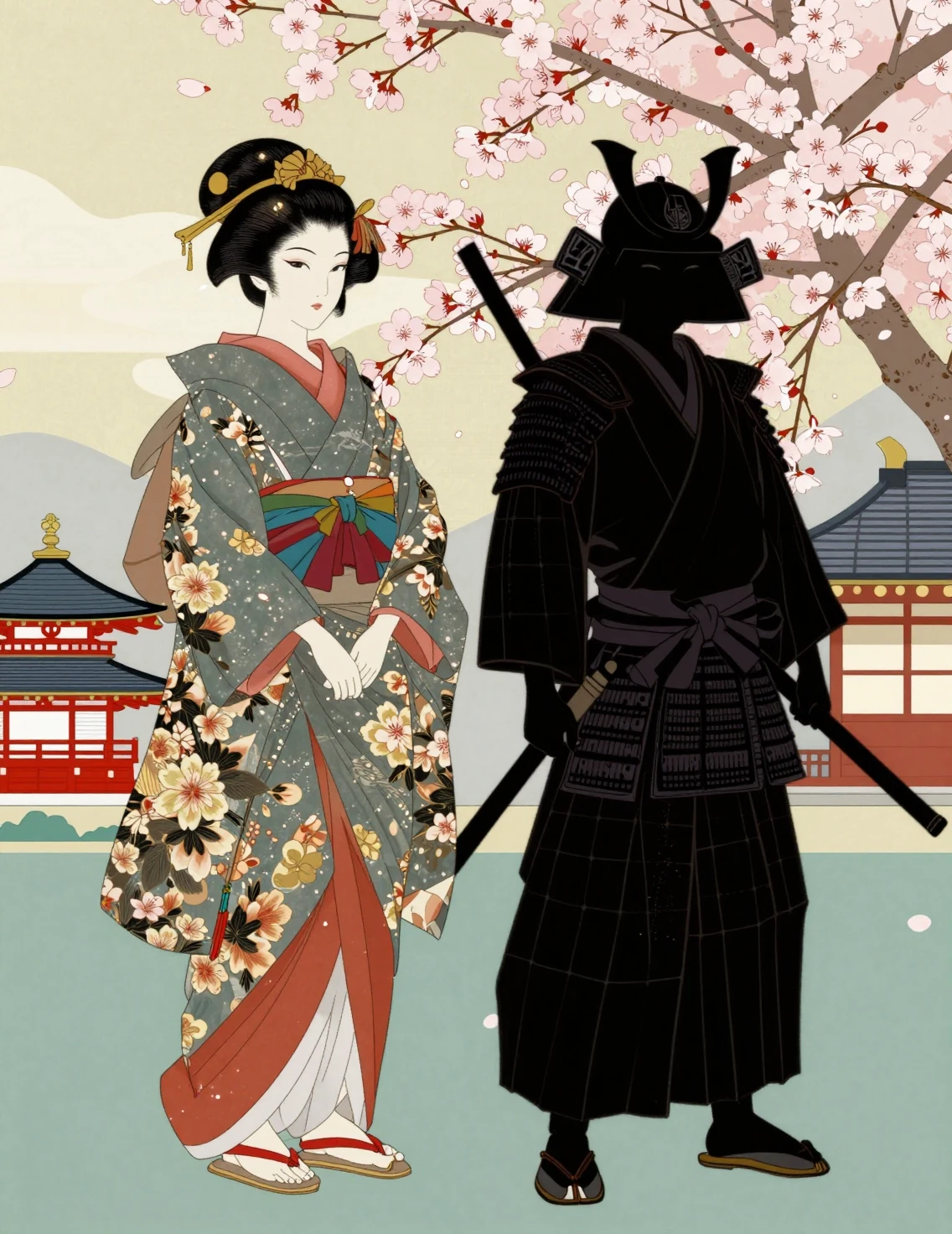 Geisha e samurai em silhueta com fundo de flores de cerejeira