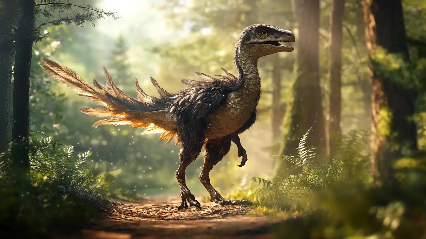 Utahraptor à plumes sur un sentier forestier paisible