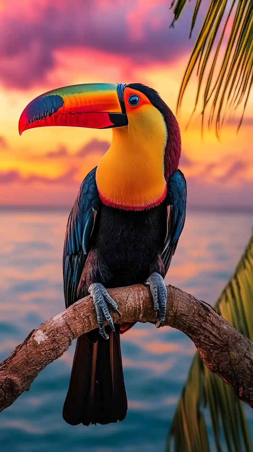 Tucano colorato su ramo di palma sopra un oceano verde acqua