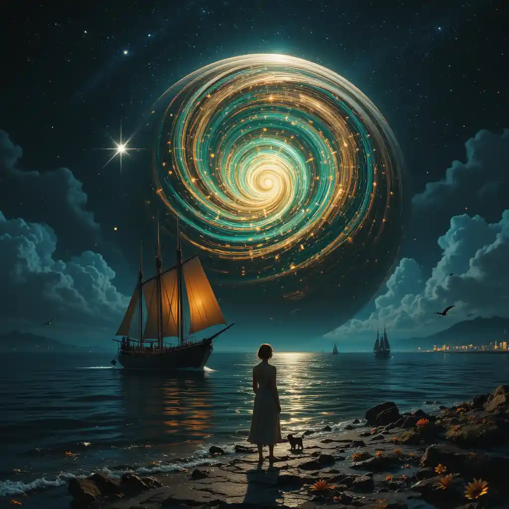 Paisagem marinha cósmica surreal com gigante planeta metálico