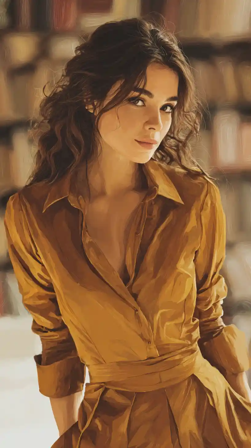 Romantic fashion portrait of a girl in a golden shirt