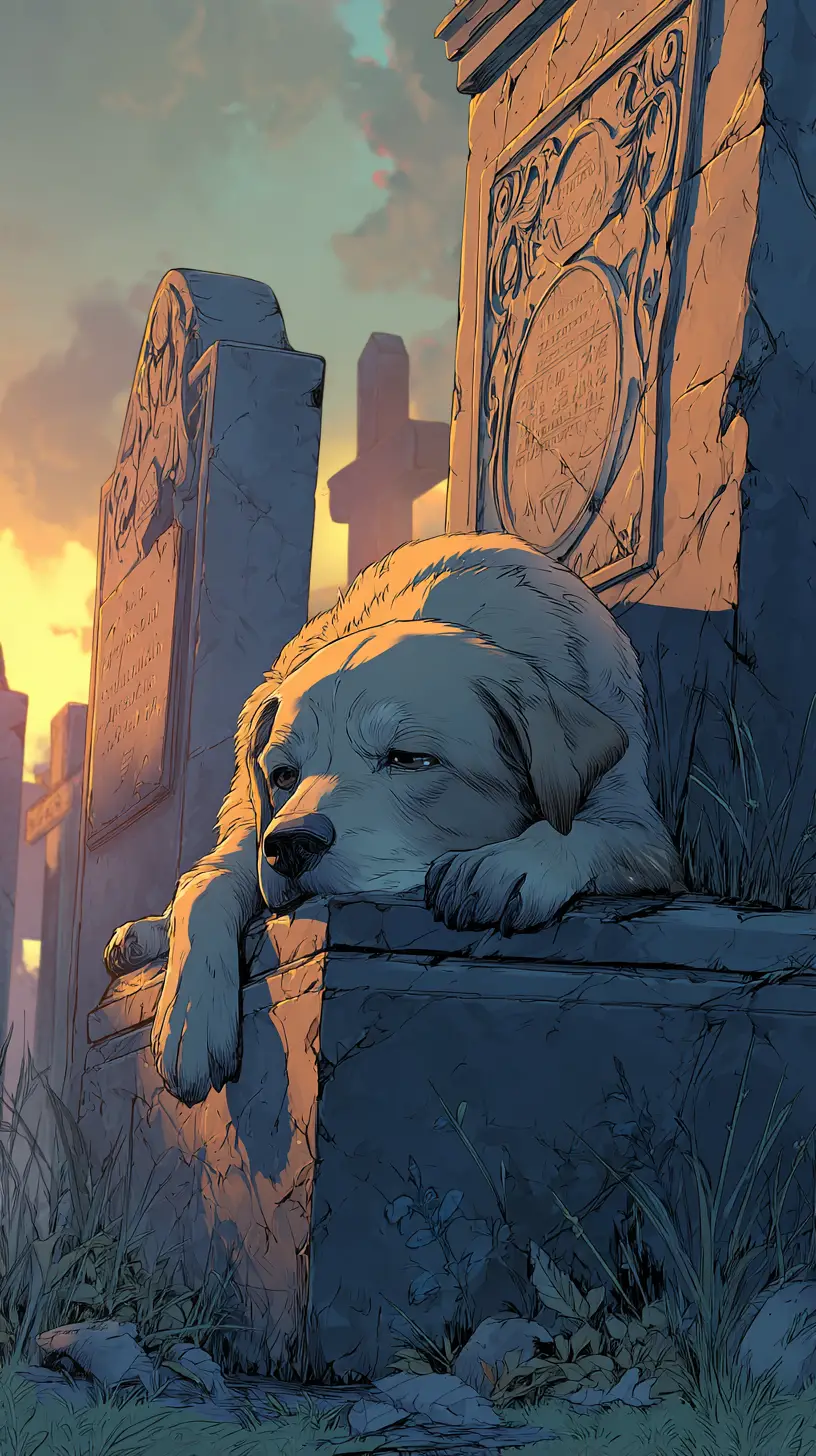 Chien triste style anime reposant sur une vieille pierre tombale au coucher du soleil