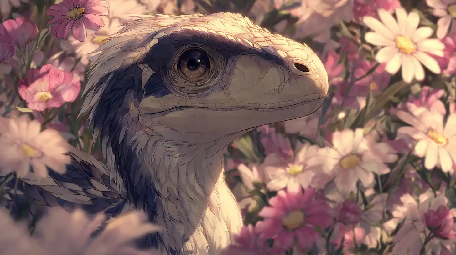 Gefiederter Utahraptor im Anime-Porträt mit sanftem, weichem Licht