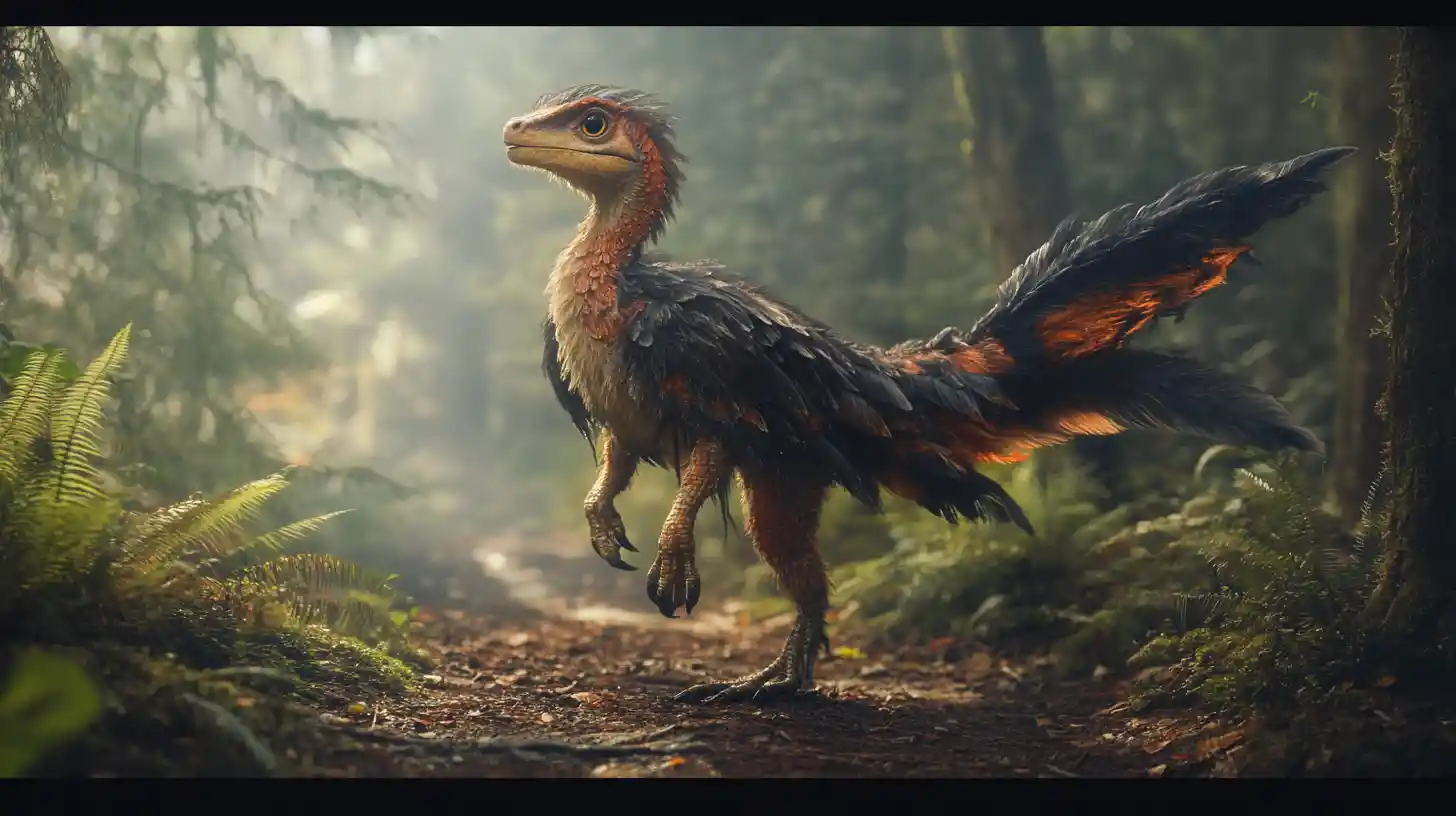 Utahraptor piumato in piedi con calma su un sentiero nel bosco