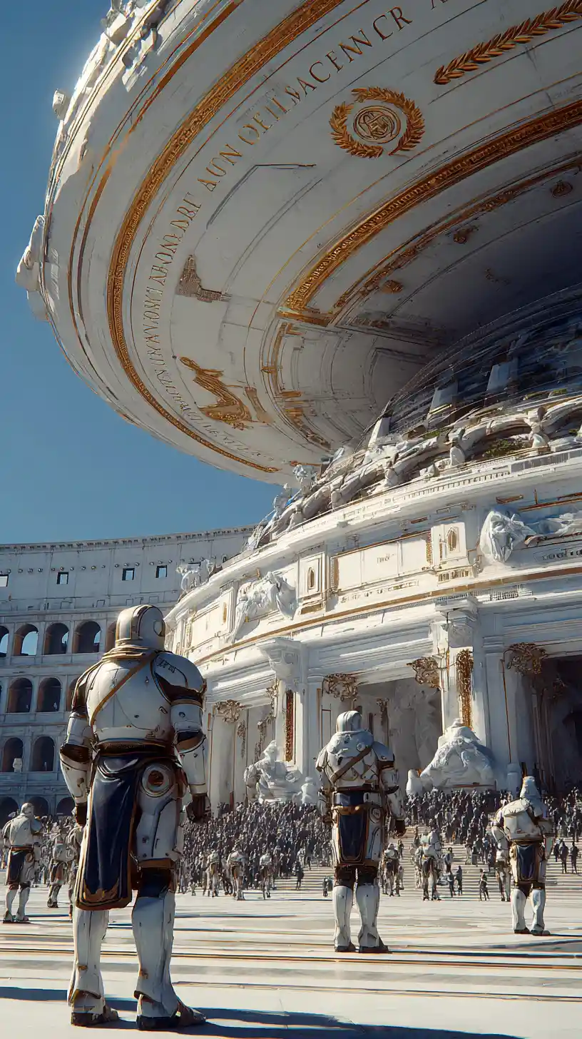 Spaceport romano futuristico con atterraggio di colossale astronave a disco