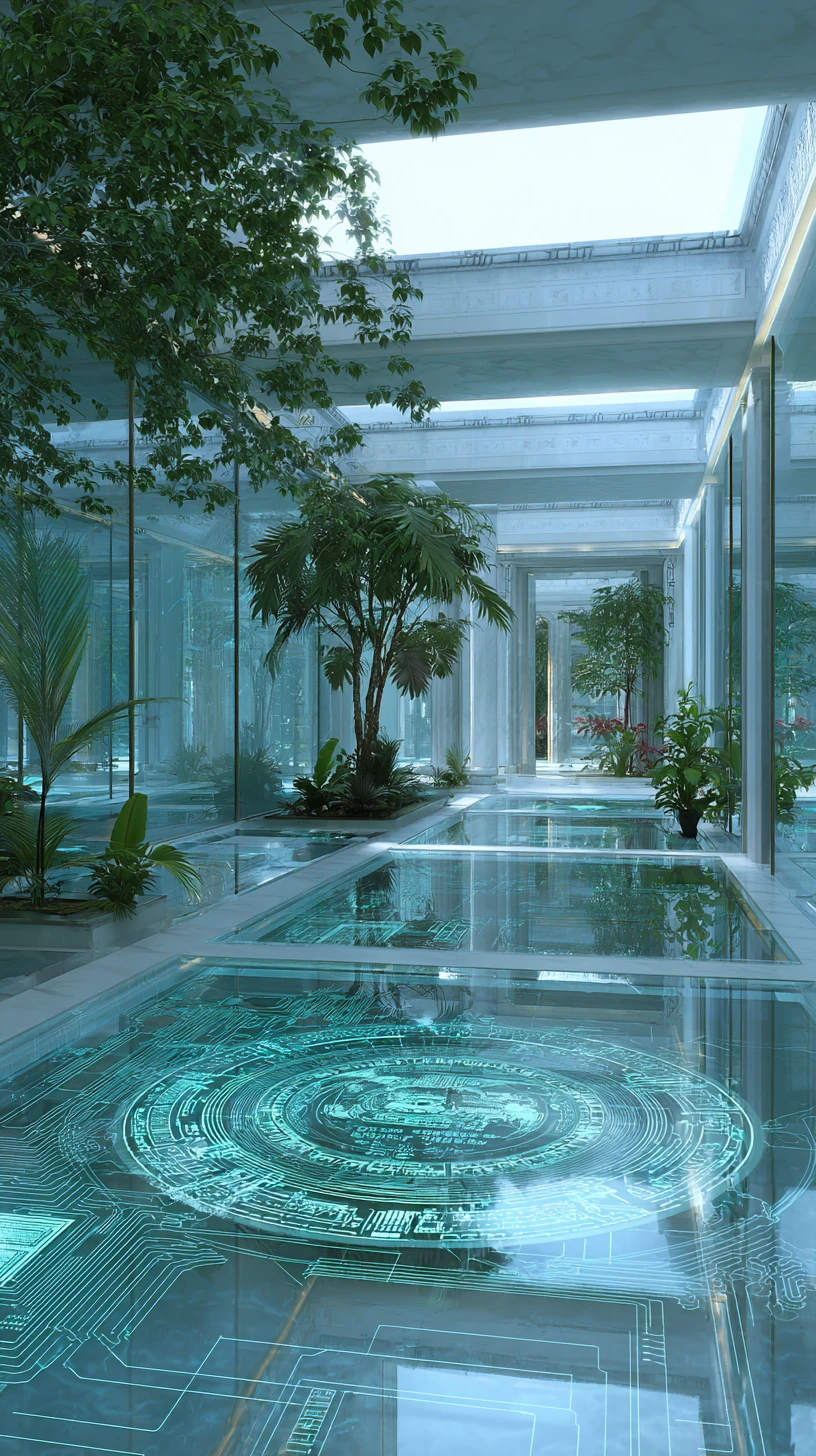 Interior de vila romana moderna e luxuosa com paredes de vidro e átrio