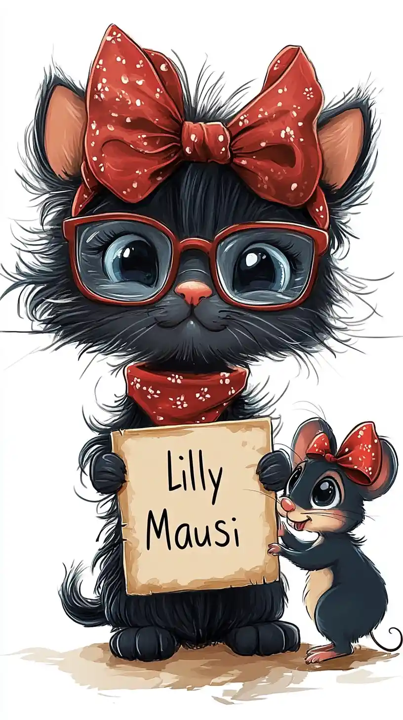 Gato preto desgrenhado chamado Lilly com amigo rato segurando placas
