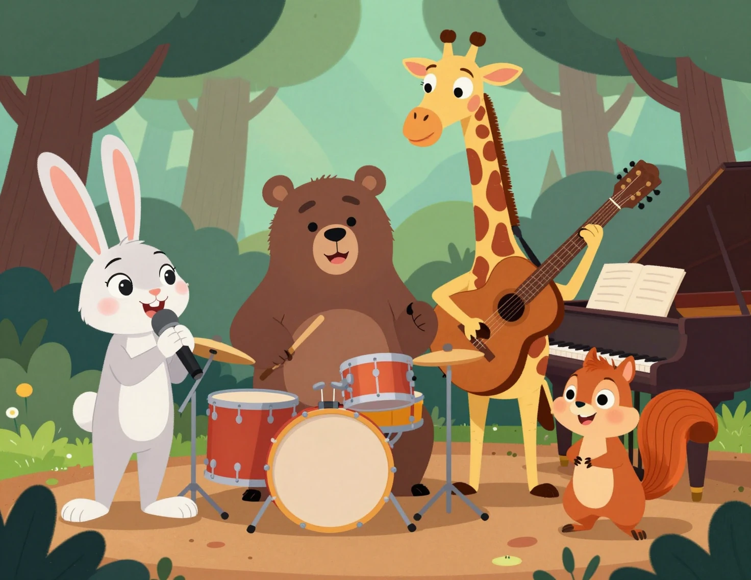 Colorati animali della foresta in stile cartoon che suonano in una vivace band