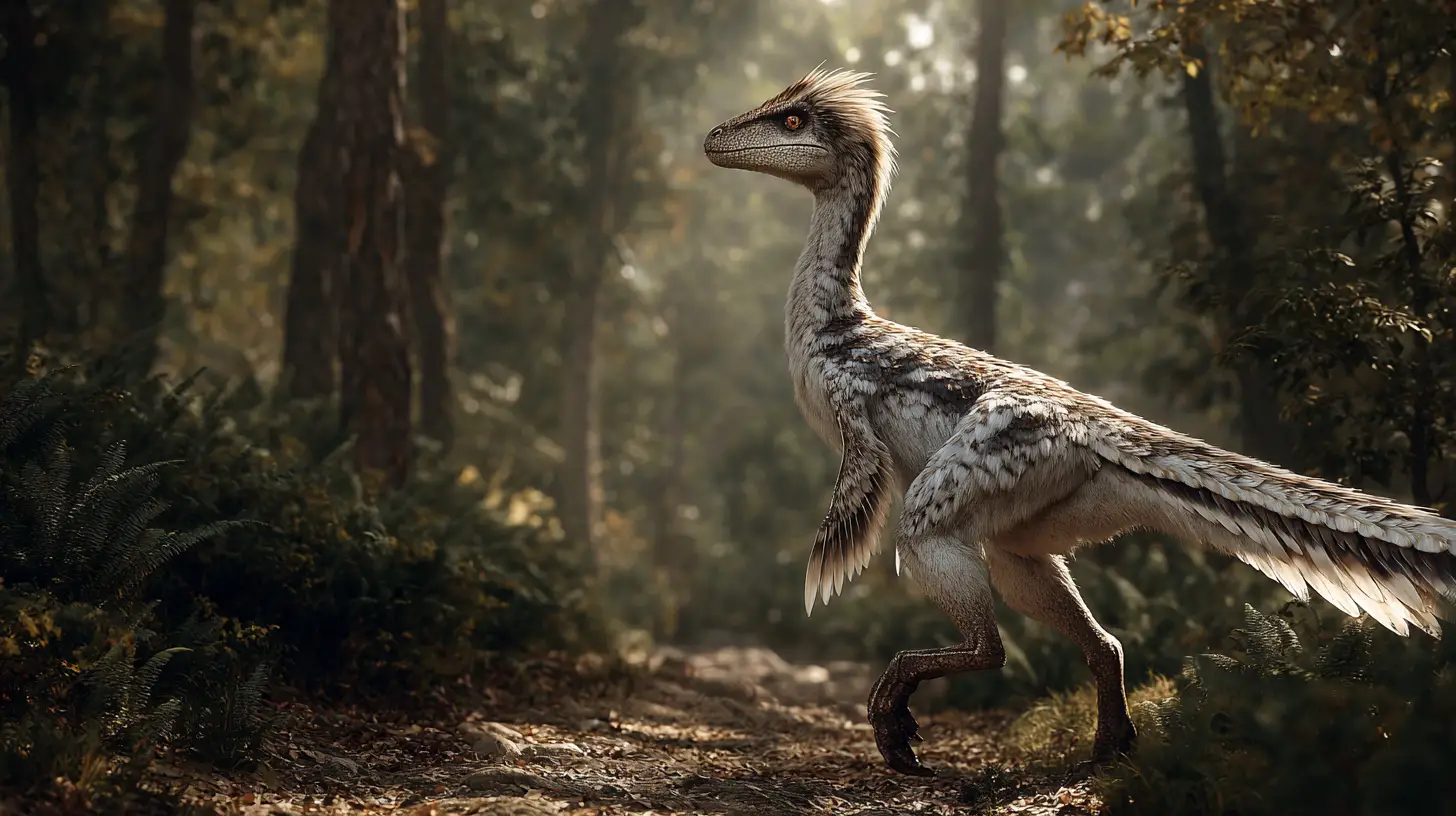 Dinosaure à plumes debout calmement sur un sentier forestier