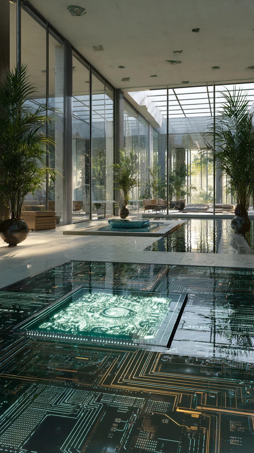 Luxury modern Roman villa interior with glass atrium view