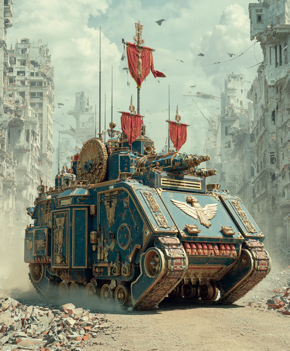 Tanque blindado de inspiração romana avançando por ruas em ruínas