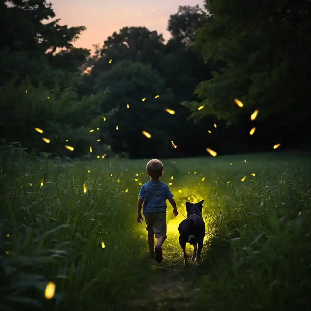 Boy Chasing Fireflies With His Dog In A Dusk Field