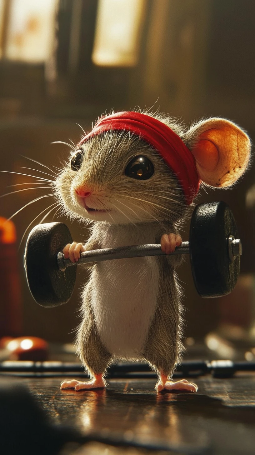 Rato de desenho animado determinado levantando um mini haltere