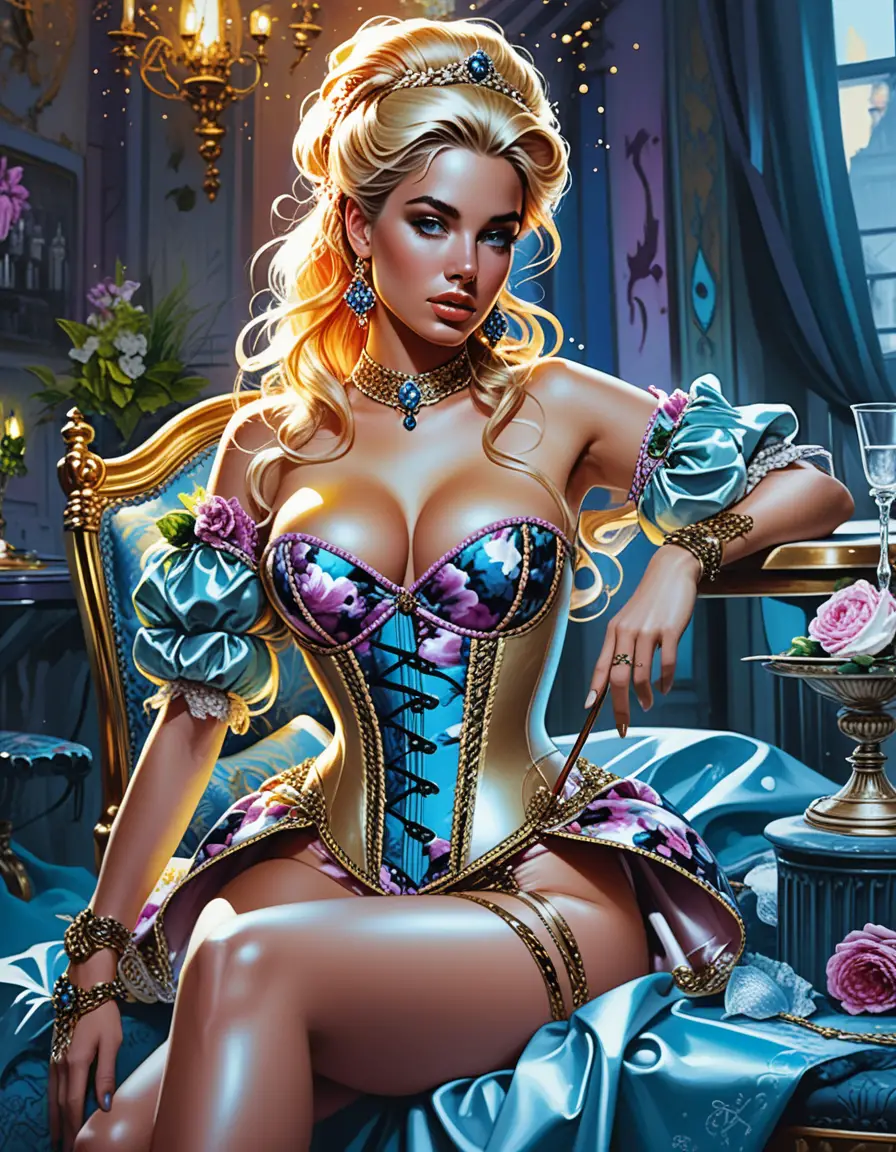 鉑金金髮名妓在幽暗巴洛克房間中的畫作