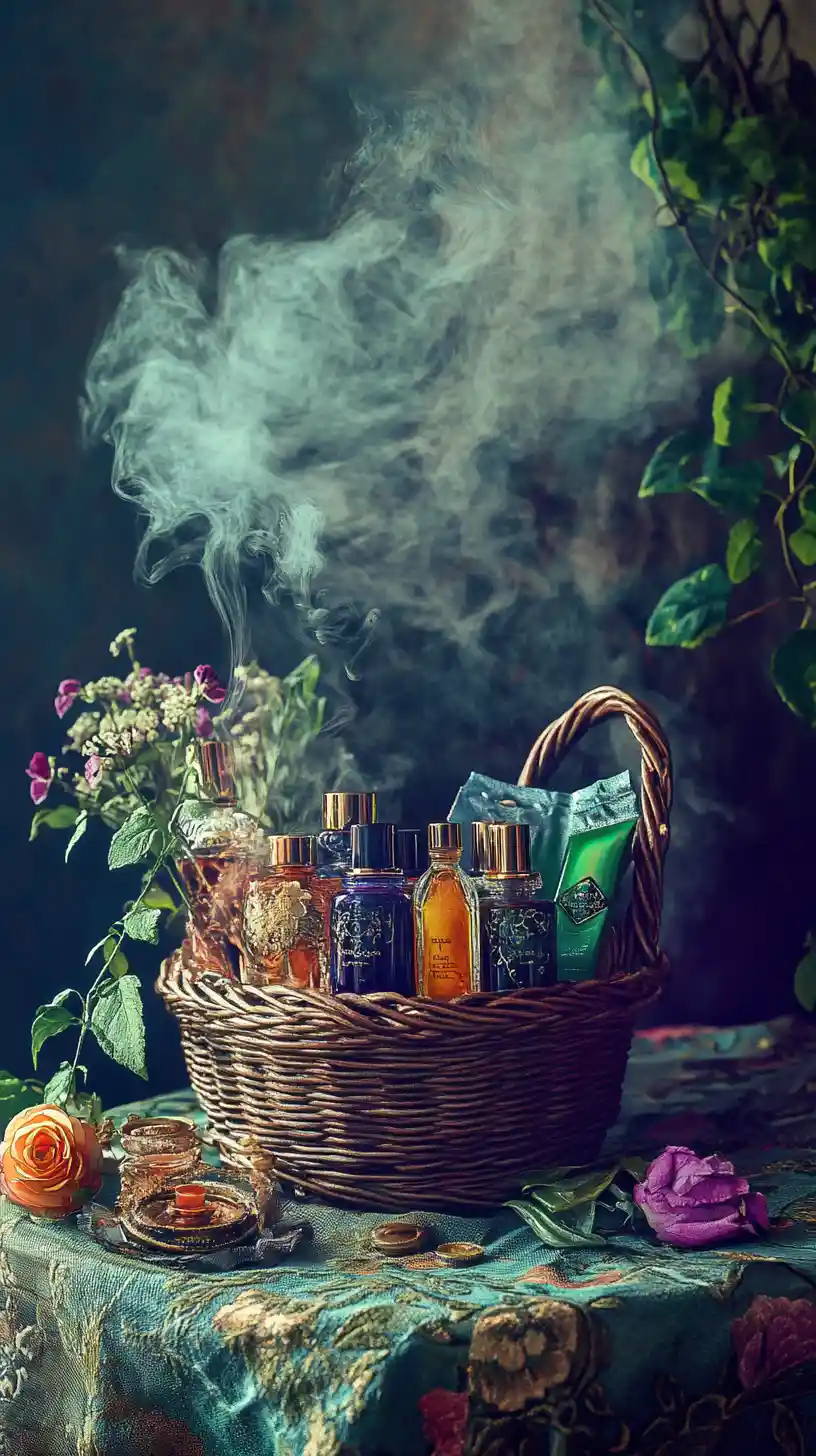 Cesto vittoriano di profumi su tavolo rustico con fumo