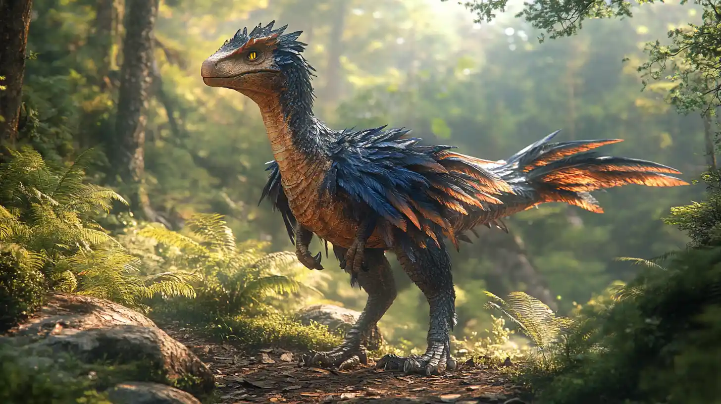 Raptor à plumes se tenant calmement sur un sentier forestier baigné de soleil