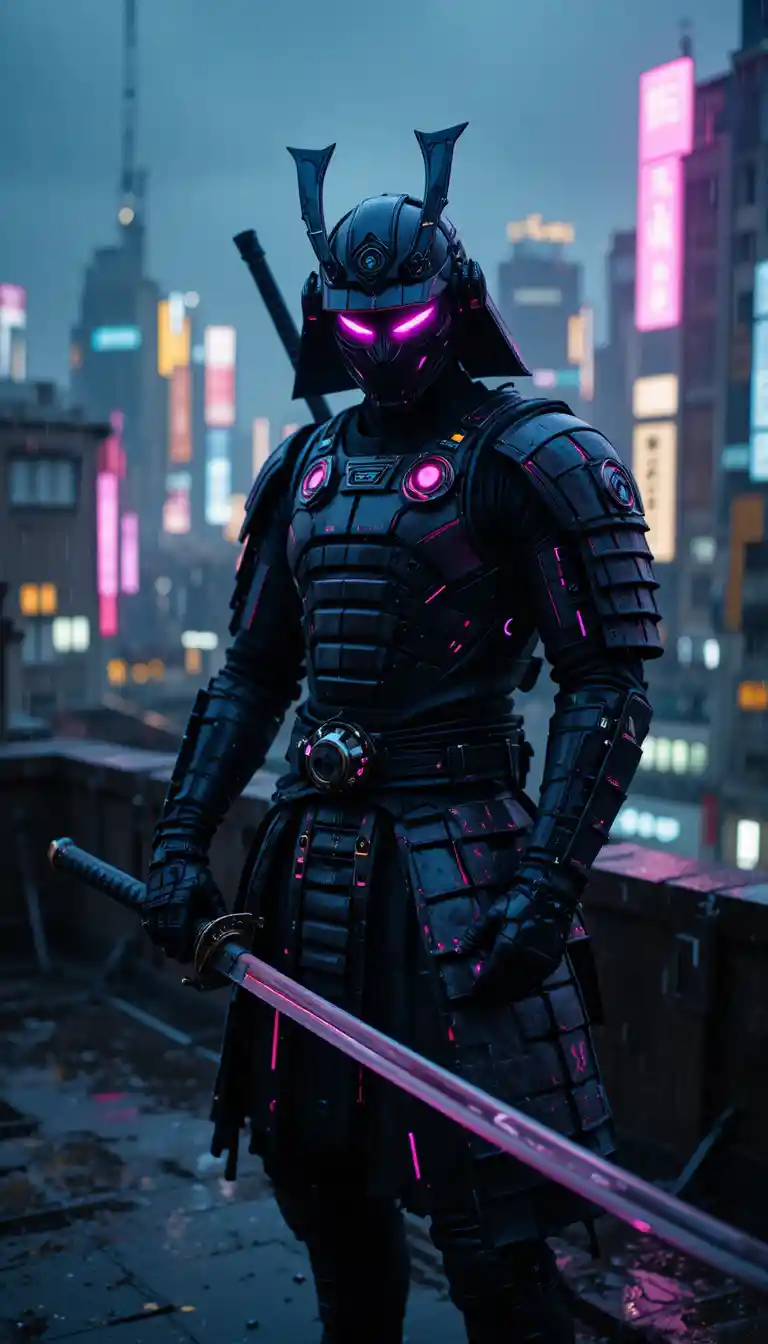 Cyberpunk samurai on neon lit Tokyo rooftop in rain