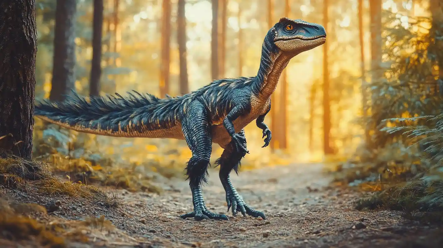 Gefiederter Utahraptor steht wachsam auf einem Waldpfad