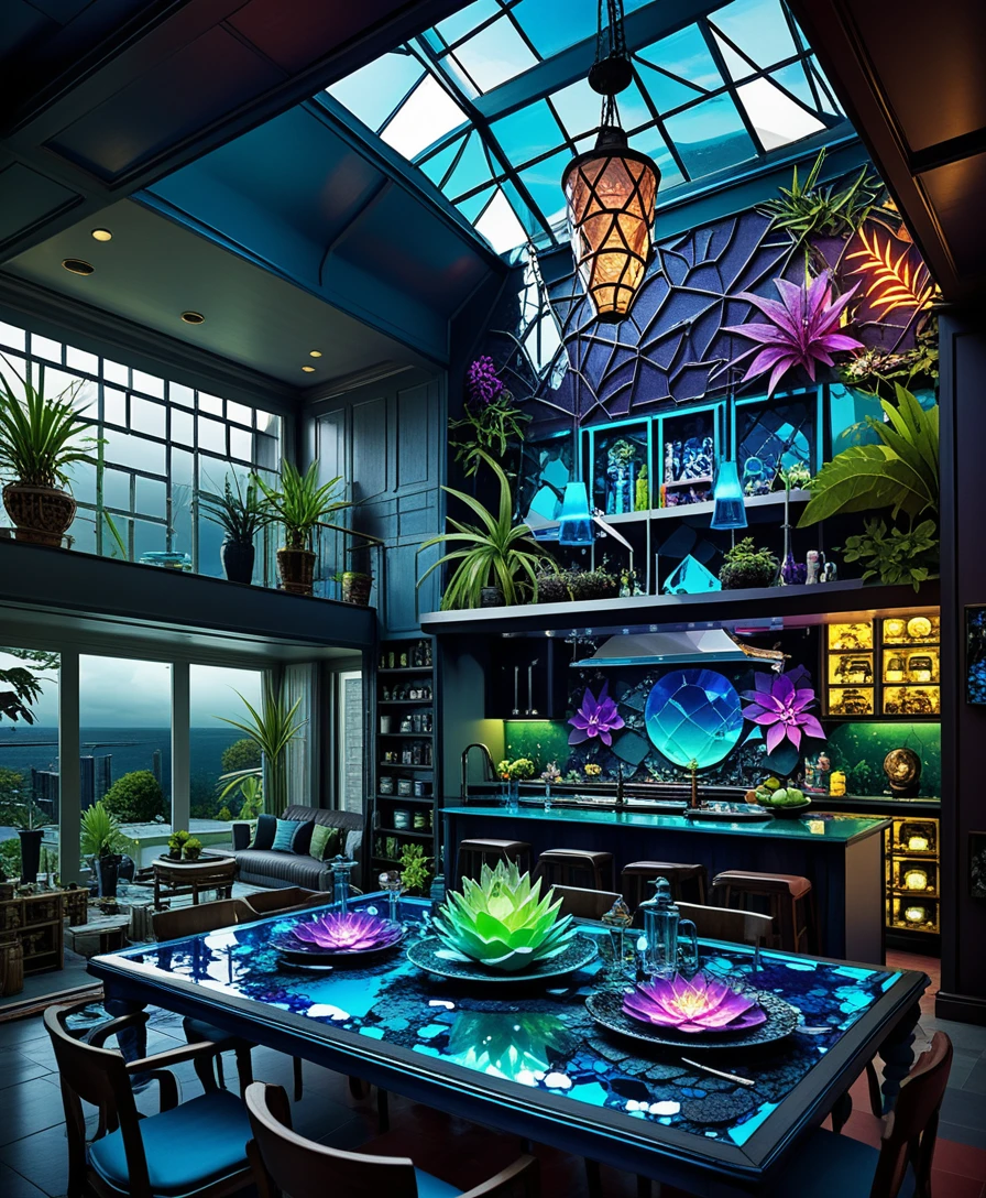Sala de jantar em miniatura isométrica com bar e quarto no andar de cima