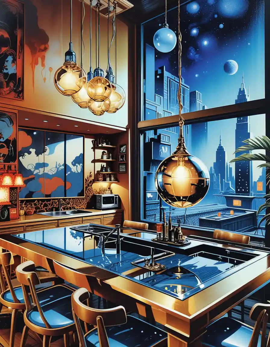 Interior de jantar isométrico em miniatura com quarto em loft e água
