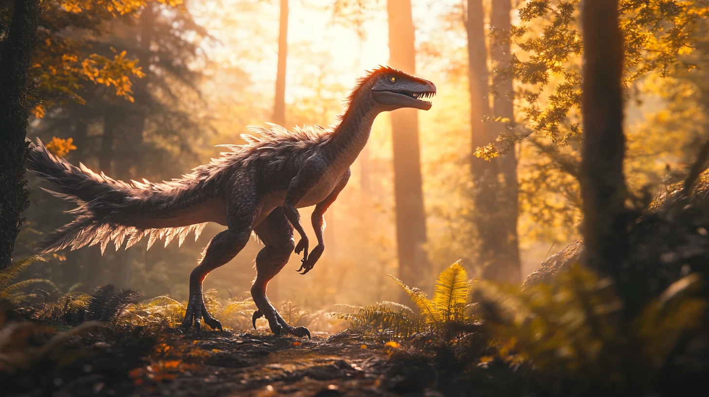 Utahraptor com penas em pé calmamente em uma trilha na floresta
