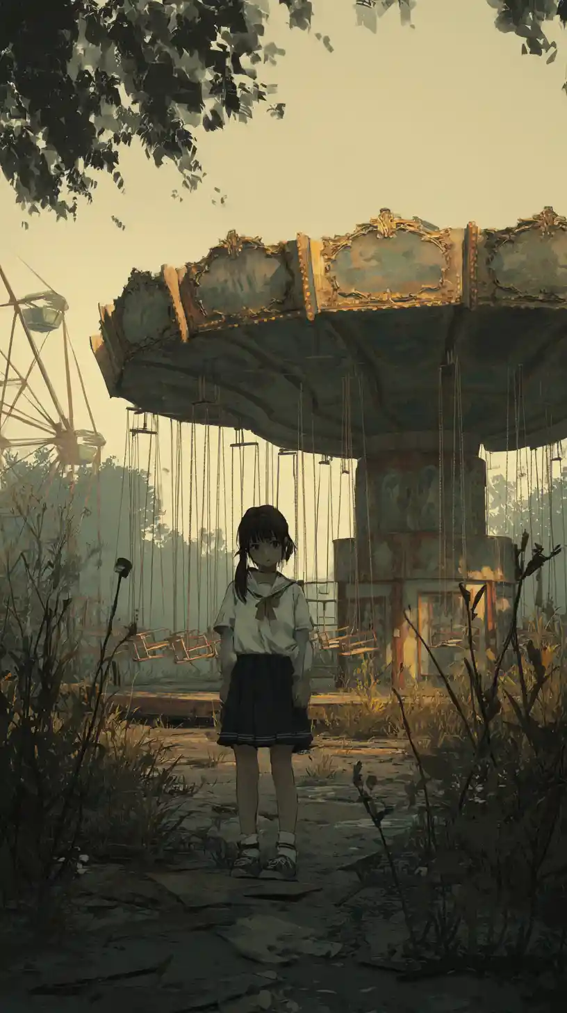 Ragazza anime triste in un parco giochi abbandonato al tramonto
