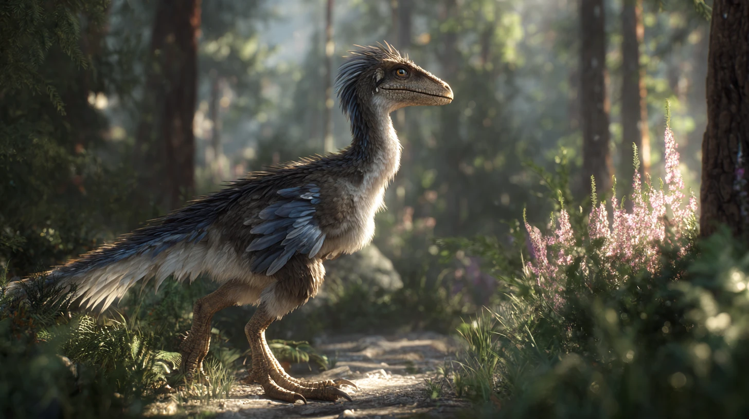 Utahraptor emplumado de pie tranquilamente en un sendero del bosque