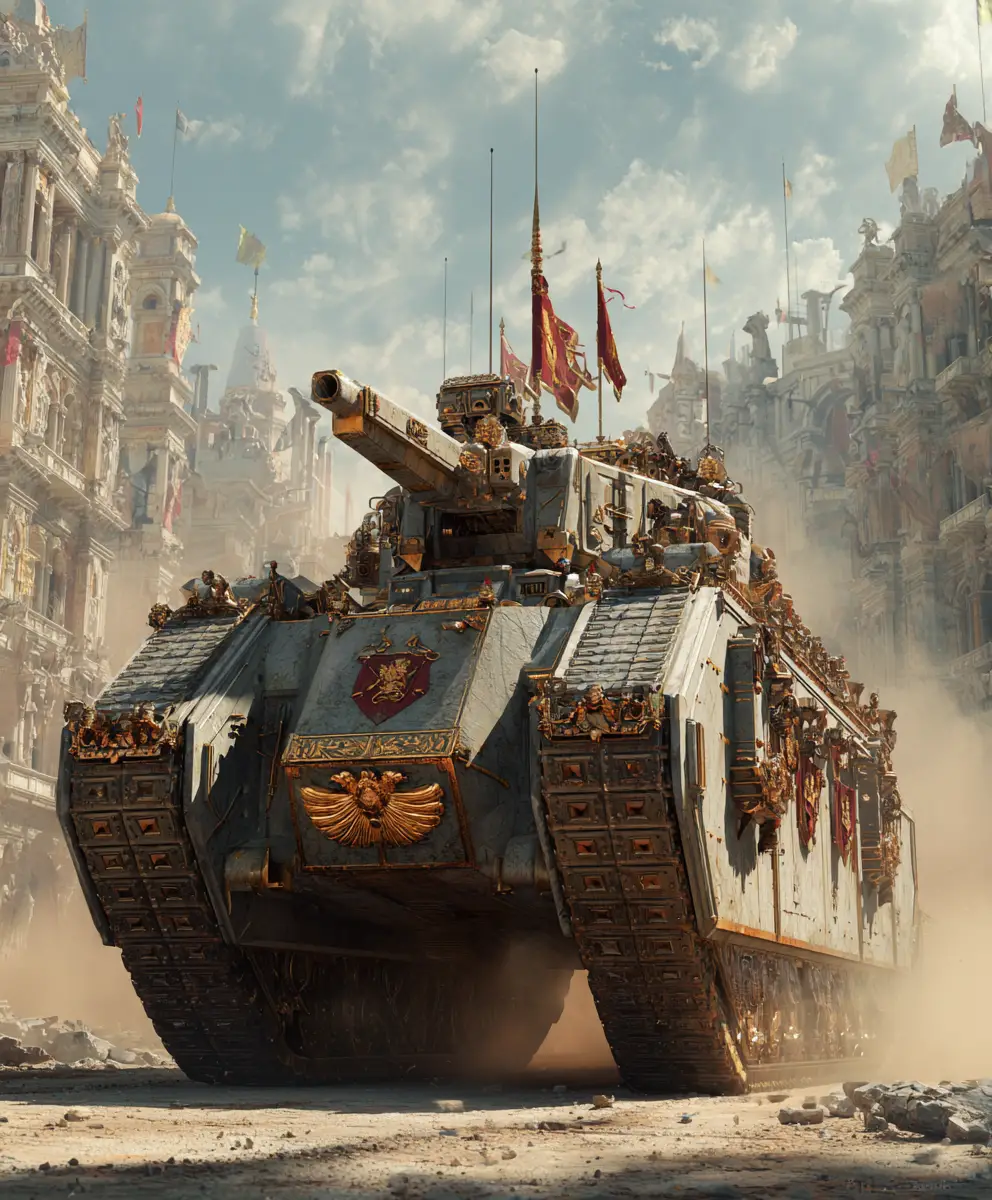 Tanque onagro de inspiração romana em rua de cidade moderna em ruínas