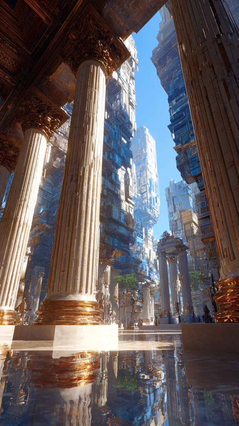 Skyline Futuristica con Architettura Ispirata all’Antica Roma