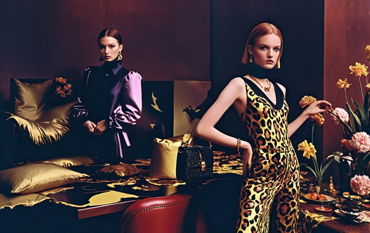 High-Fashion-Models posieren im floralen Studio-Set