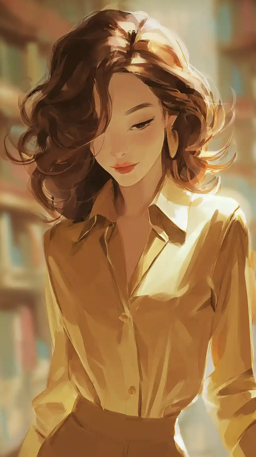 Elegant girl in golden shirt in soft library portrait