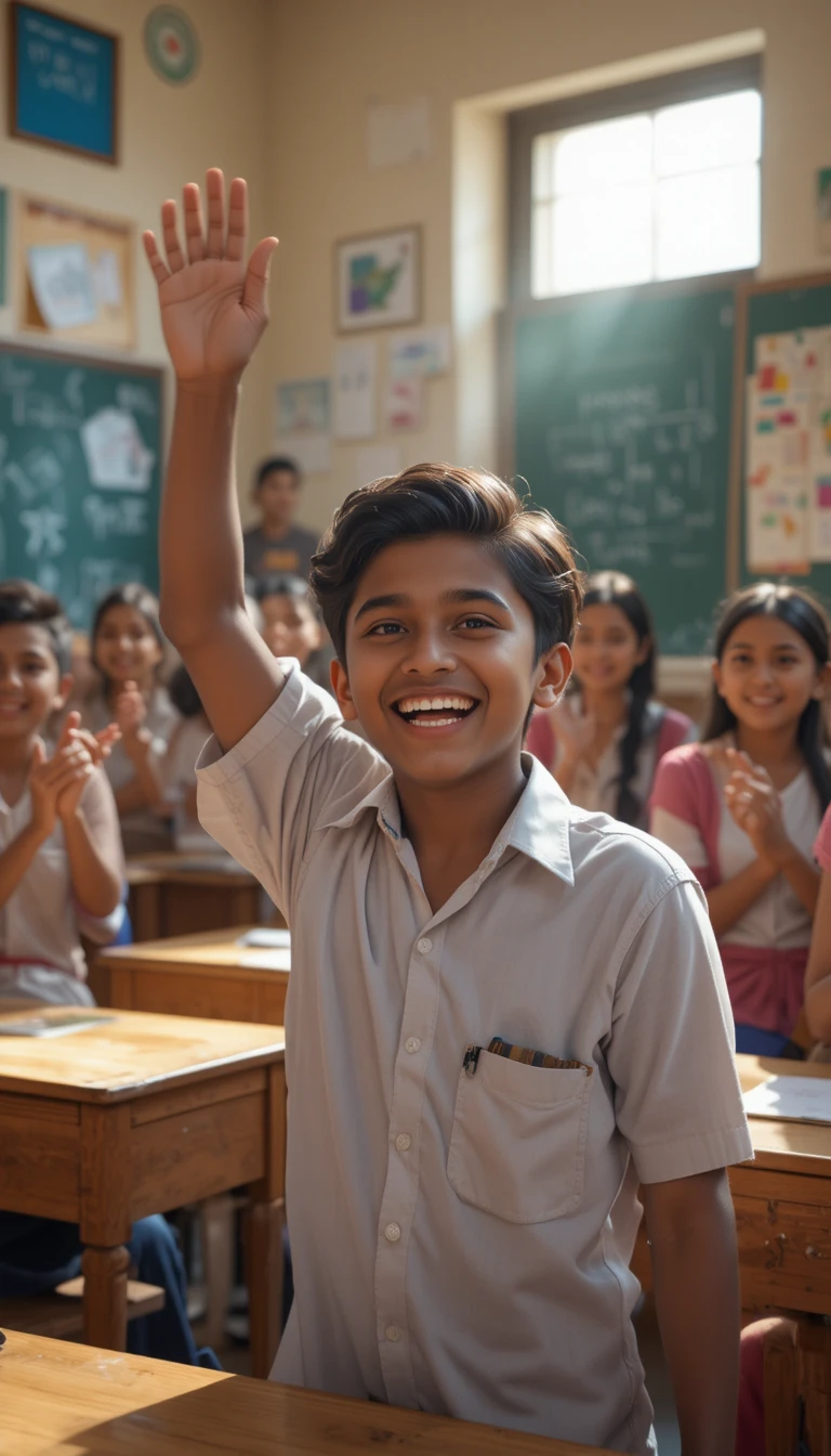 Indian school boy celebrating success in bright classroom