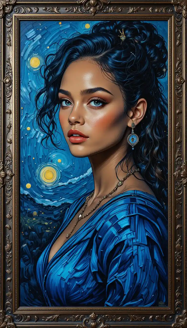 Woman under swirling night sky in oil painting portrait