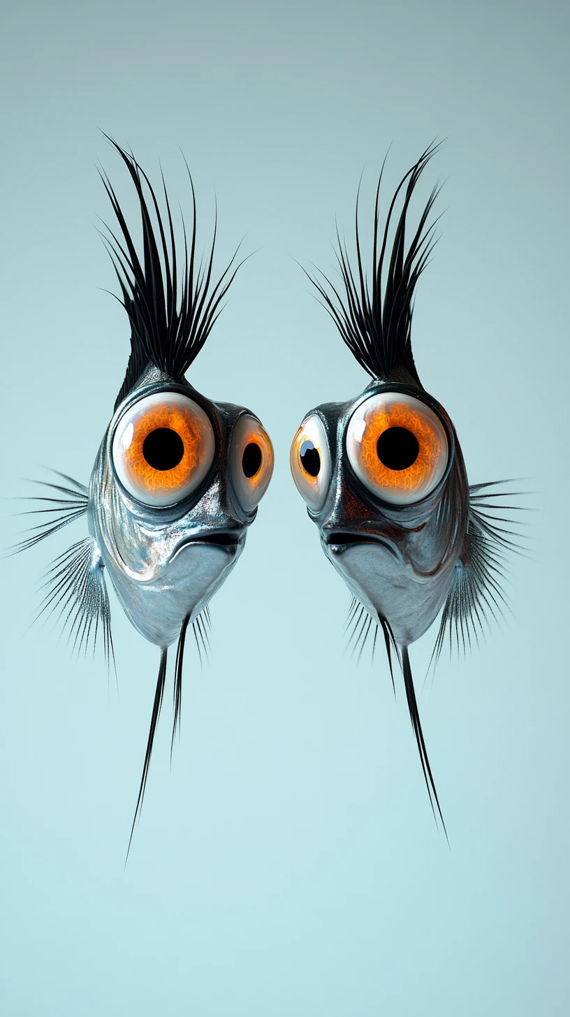 Surreal twin fish with human eyes on blue background