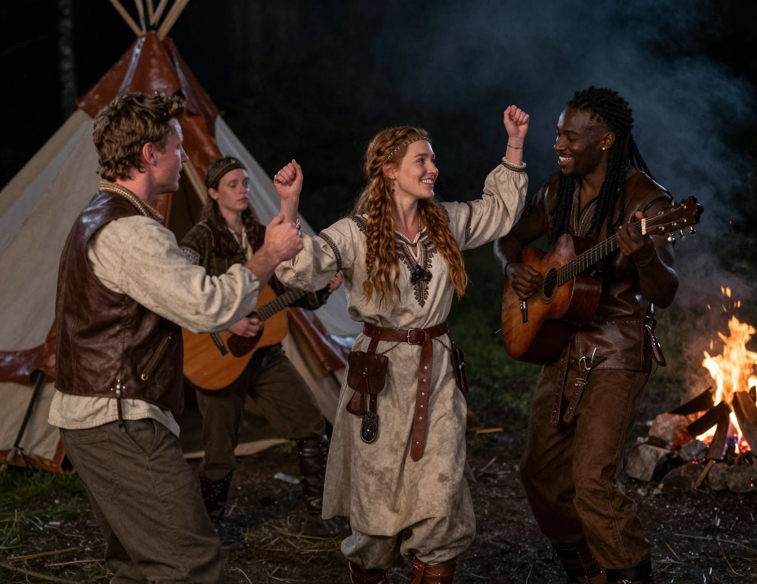Friends dancing by a campfire in a fantasy forest
