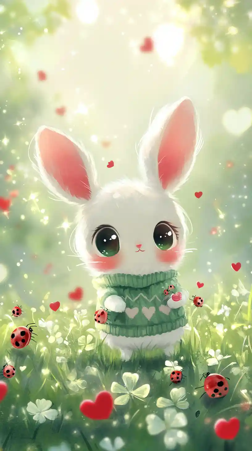Dolce creatura cartoon in un prato di trifogli con cuori