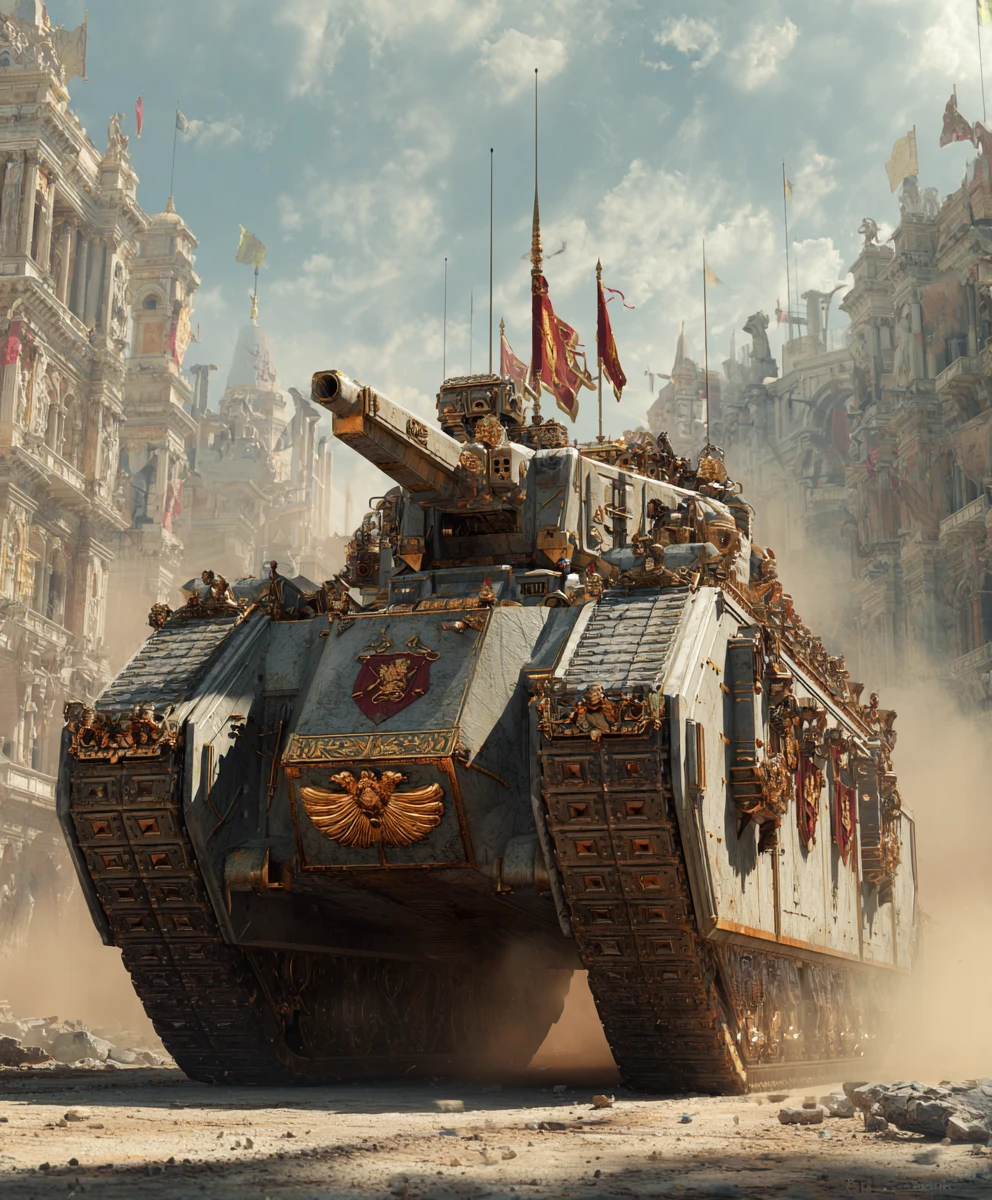 Tanque onagro de inspiração romana em rua de cidade moderna em ruínas