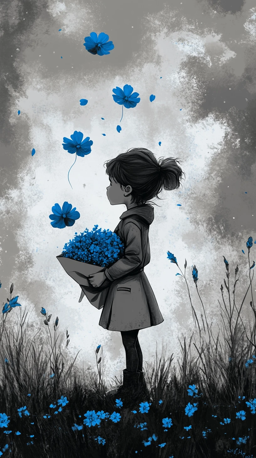 Kleines Mädchen mit blauen Blumen unter bewölktem Himmel