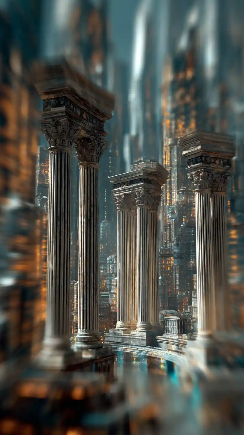 Skyline futuriste d'une ville romaine avec tours de verre et de métal